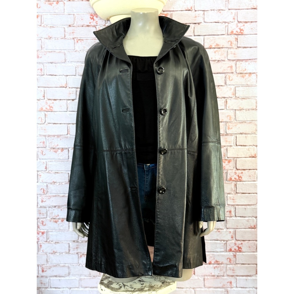 East 5th Womens Black Genuine Leather Trench Coat Jacket Y2K Vintage Size XL